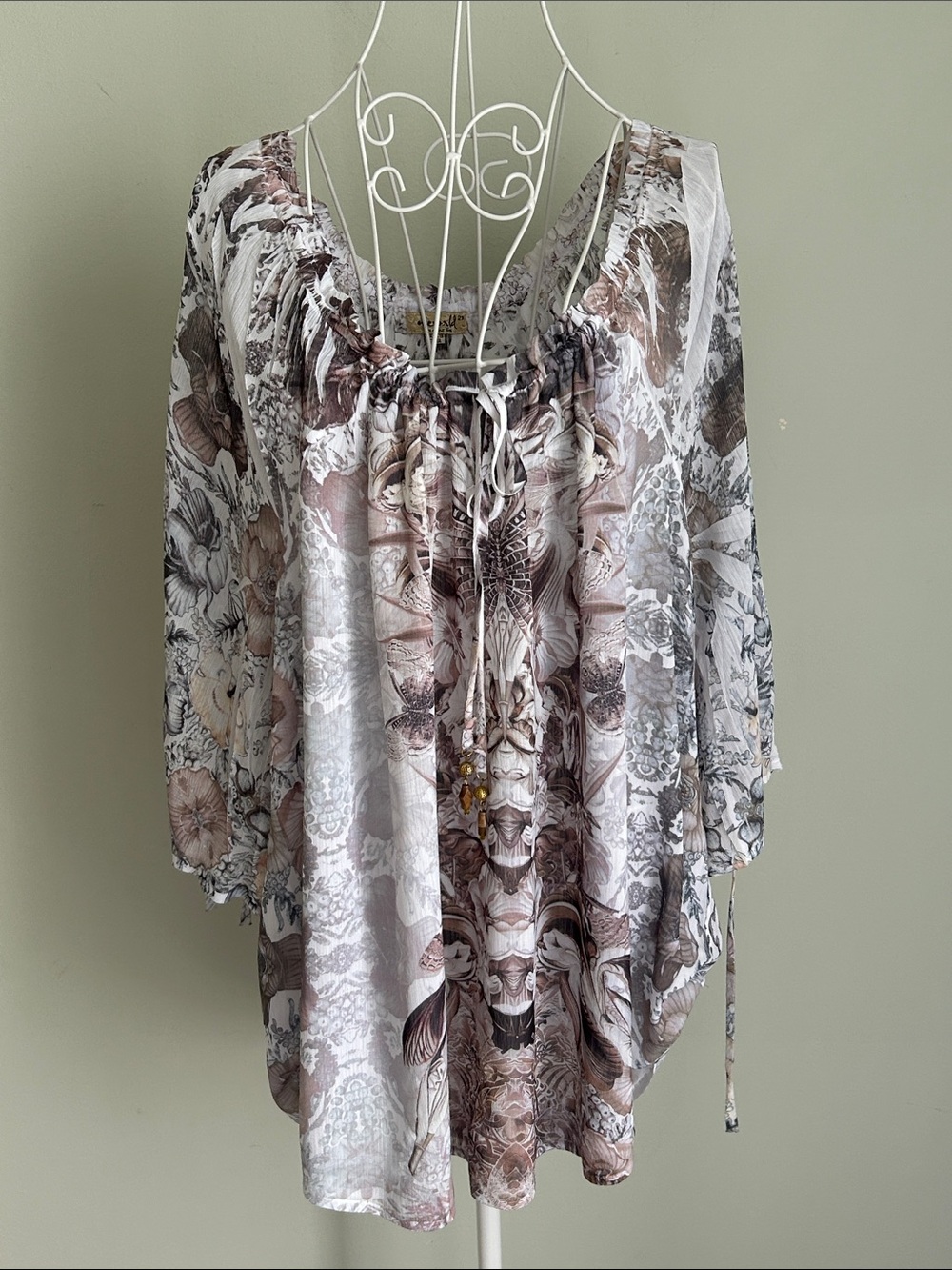 ONE WORLD Floral Peasant Tunic - Taupe, Cream, Gray